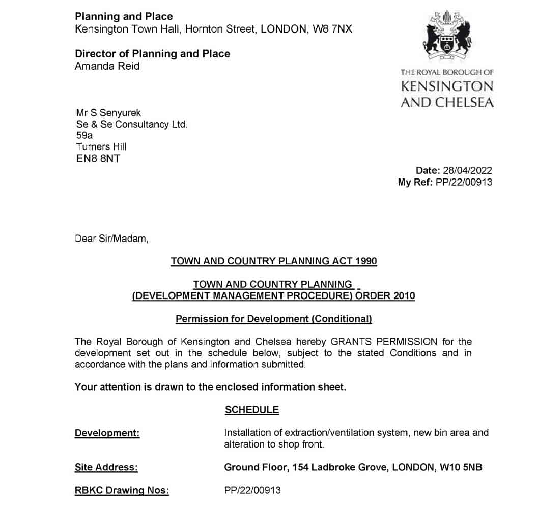 154 Ladbroke Grove, London, W10 5NB United Kingdom, Planning Application for Extraction System, Permission Decision Notice